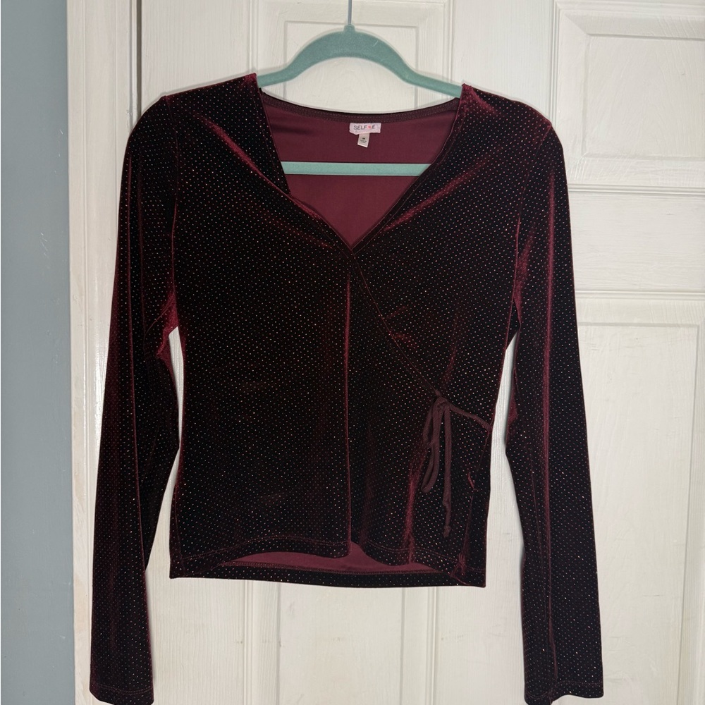 Self-E Velvet Wrap-Front Long Sleeve Top - Burgundy
